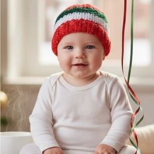 Beanie Baby Toddler Hand Crafted Christmas Hat Knit Red Green White